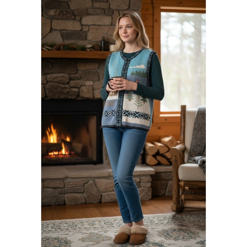 Croft & Barrow -Blue Hand Embroidered Full Zip Vest Winter Christmas Size L